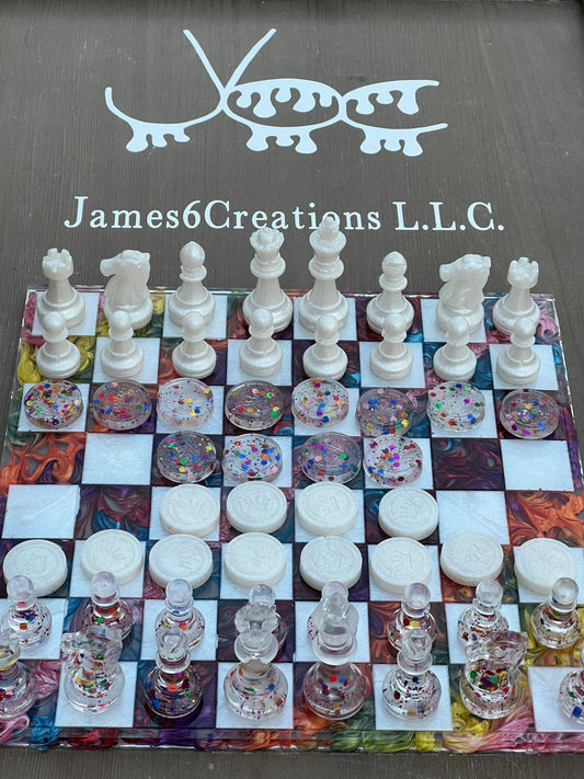(11 x 11) Custom Resin Rainbow Chess / Checker Set